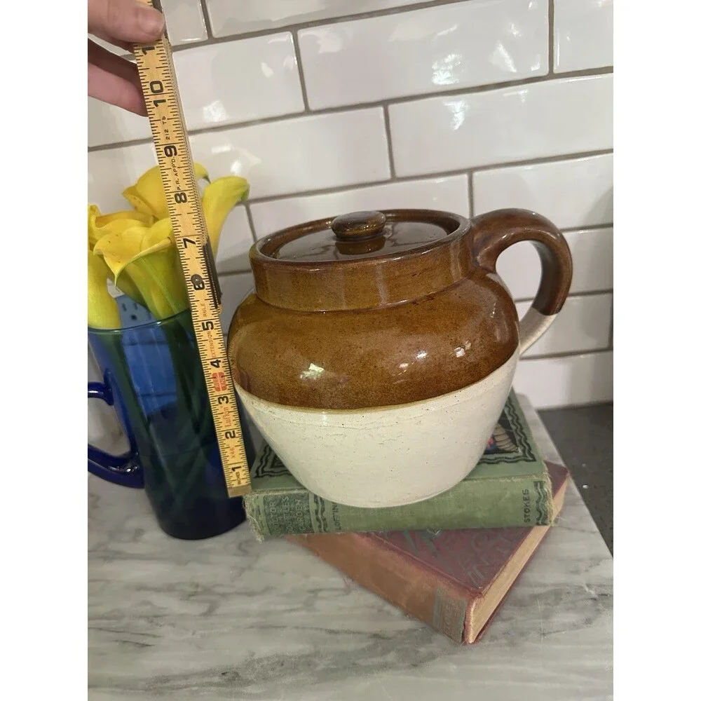 Vintage Antique Stoneware 2 Tone Brown One Handle Crock Bean Pot Americana